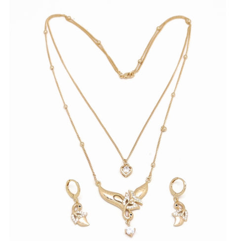 Peacock Love Double Chain Necklace and Earring Set, White, Gold Plating