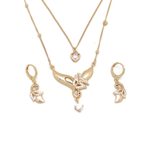 Peacock Love Double Chain Necklace and Earring Set, White, Gold Plating