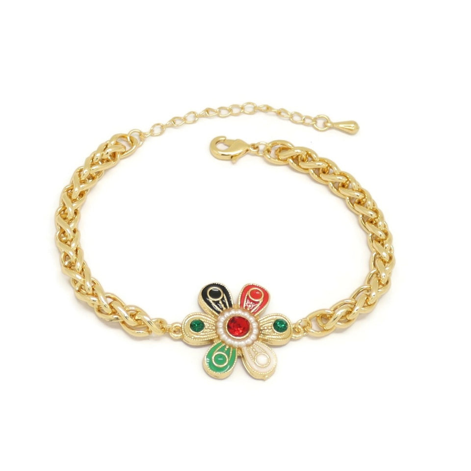 Six Petal Flower Wheat Bracelet, Multi-Colored, Gold Plating