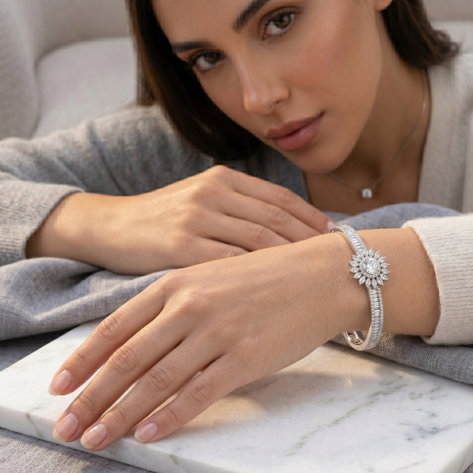 925 Sterling Silver Crystal Sunflower Bangle Bracelet