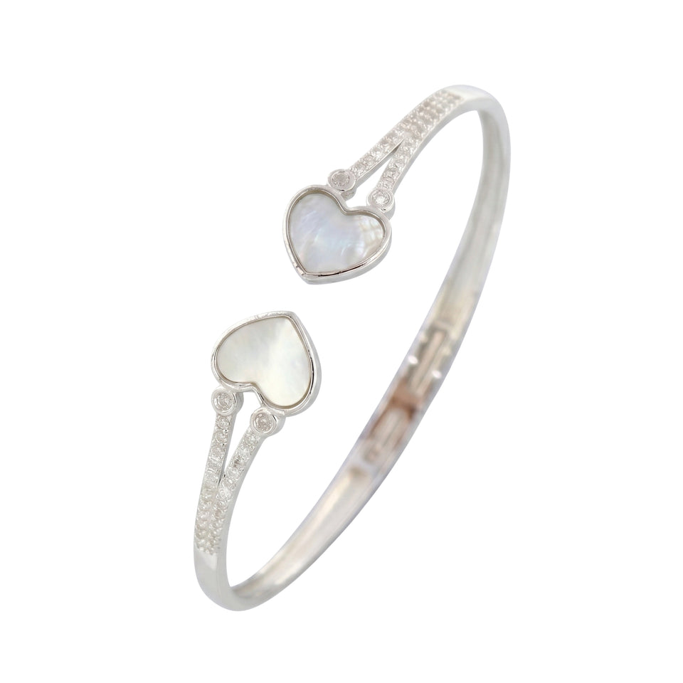 925 Sterling Silver Double Heart Mother of Pearl Bangle