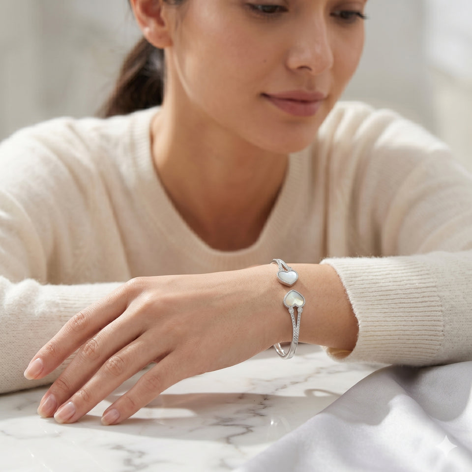 925 Sterling Silver Double Heart Mother of Pearl Bangle