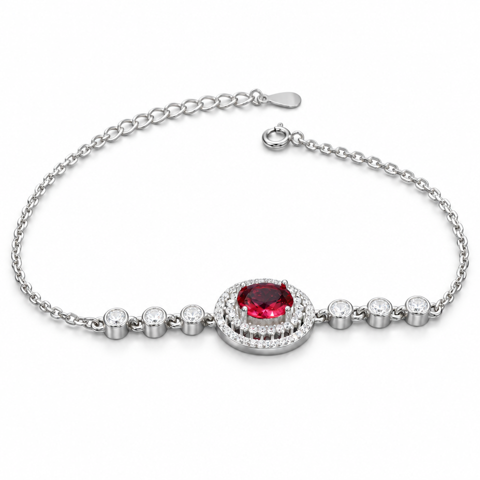 925 sterling silver bracelet with oval red centerpiece and halo setting on a white background