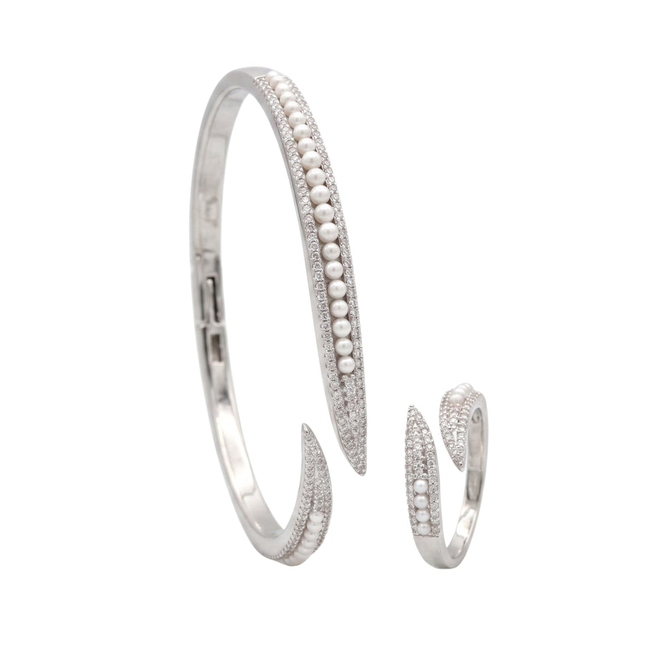 925 Sterling Silver Pearl & Crystal Nail Bangle & Ring Set