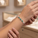 925 Sterling Silver Emerald Green Oval Halo Chain Bracelet