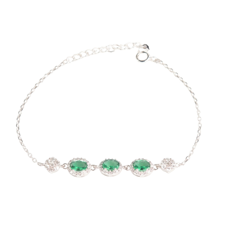 925 Sterling Silver Emerald Green Oval Halo Chain Bracelet