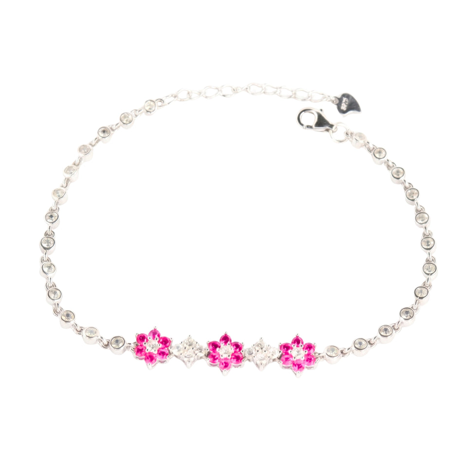 925 Sterling Silver Pink Flower Crystal Chain Bracelet
