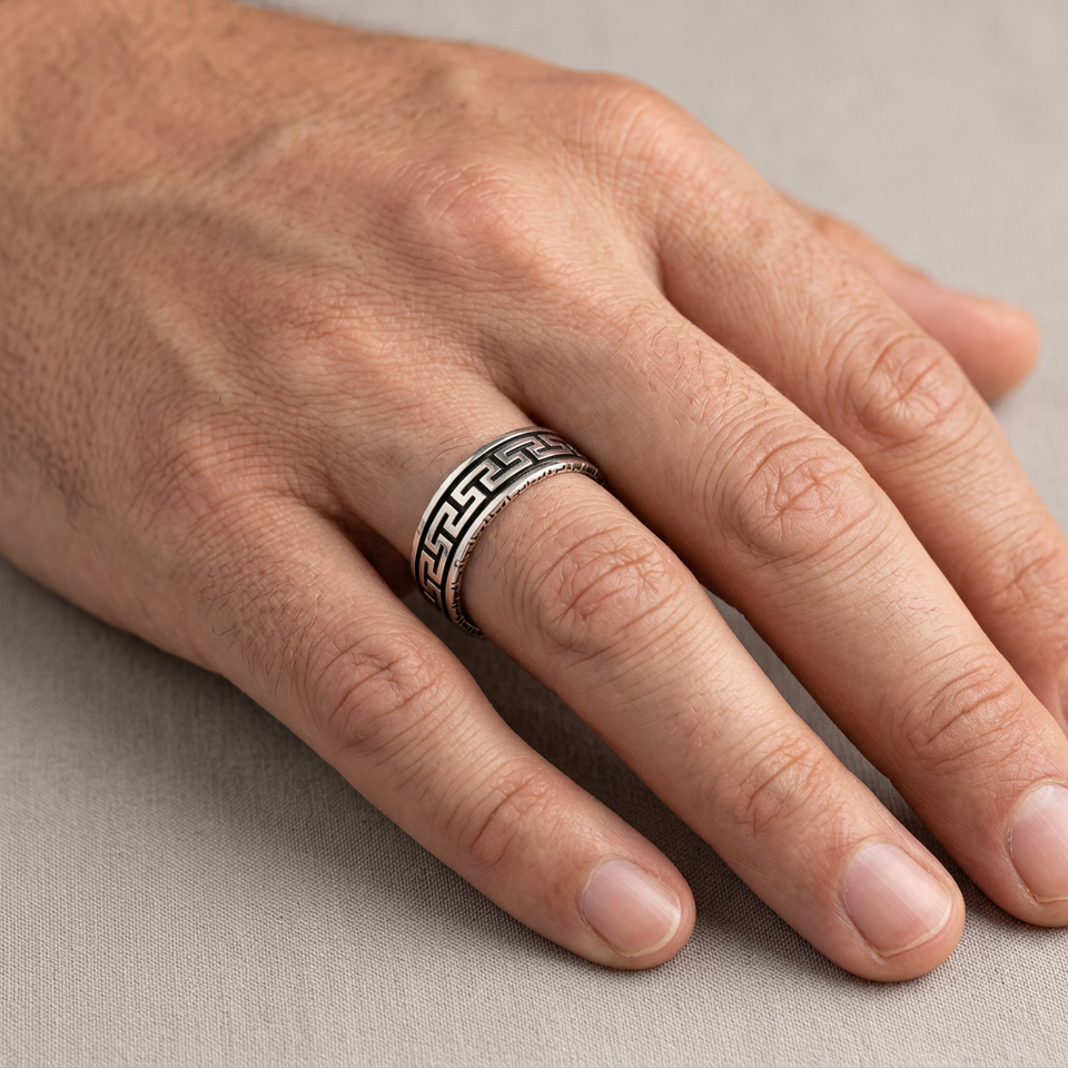 Hand wearing the original-style Greek-key ring