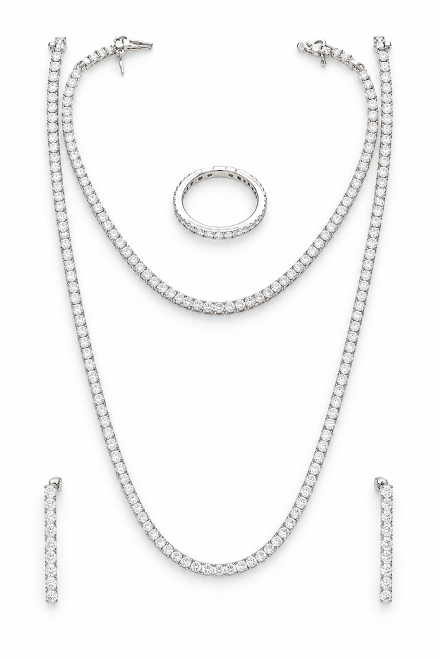 925 sterling silver necklace set with long and short necklaces, ring, and drop earrings on a white background