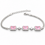 925 sterling silver bracelet with three pink rectangular stones on a white background