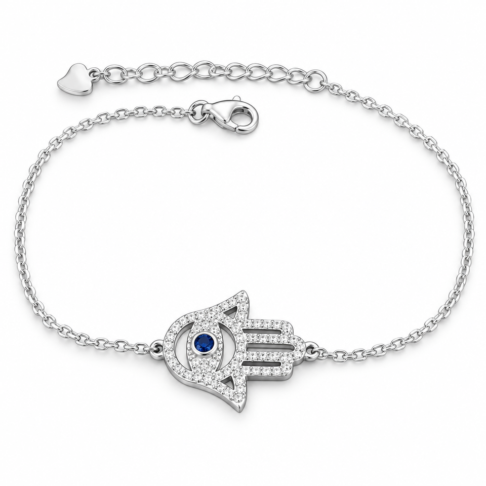 925 sterling silver Hamsa bracelet with blue-toned center detail on a white background