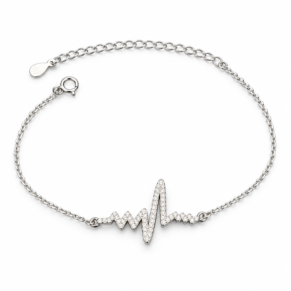 925 sterling silver heartbeat bracelet with ECG waveform centerpiece on a white background