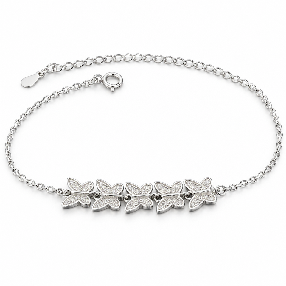 925 sterling silver bracelet with five connected butterfly motifs on a white background