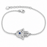 925 sterling silver Hamsa bracelet with blue-toned center detail on a white background