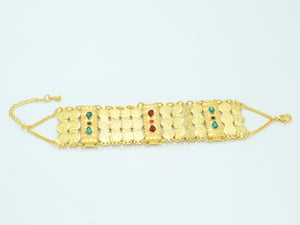 TRENDING TRADITIONAL COLOUR STONE EMBEDDED COIN STYLED 18KT GOLD PLATED HAND BRACELET