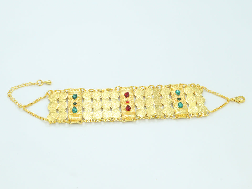 TRENDING TRADITIONAL COLOUR STONE EMBEDDED COIN STYLED 18KT GOLD PLATED HAND BRACELET