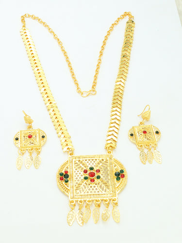 RED AND GREEN ZIRCON STONE STUDDED 18KT GOLD PLATED INDIAN BRIDAL JEWELLERY SET