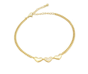 The Triple heart anklet with gold plating and adjustable chain