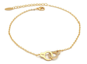 Florence Collection Women's Anklet, 18kt Gold plated, Hand cuff charms, Two layered chain,  Embedded with beautiful  cubic white stones around the corners, Adjustable chain, hypoallergenic