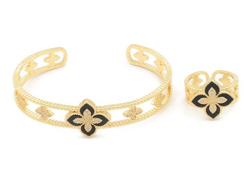 FLORAL CERAMIC CUFF BANGLE RING.BLACK