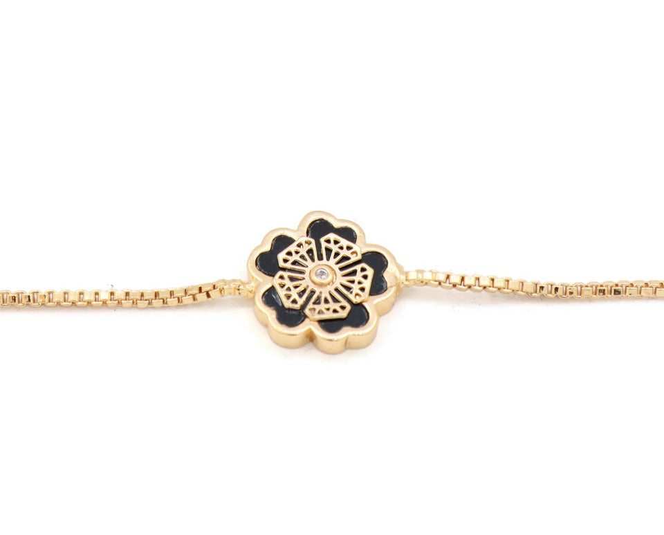 Women's bracelet Black floral design Slider gold platted bracelet
