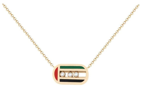 UAE National Flag Capsule Shape Sliding Diamonds Gold Plated Pendant Necklace