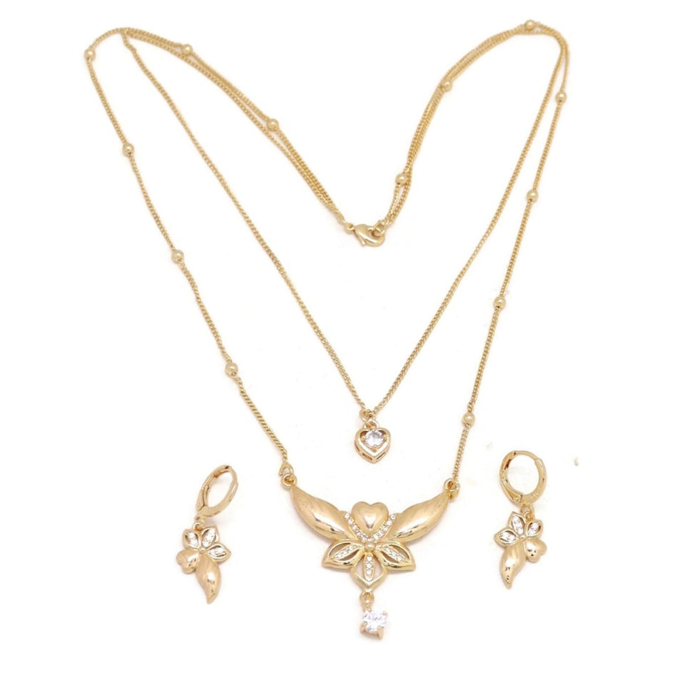 Loving Flower Double Chain Necklace and Earring Set, White, Gold Plating
