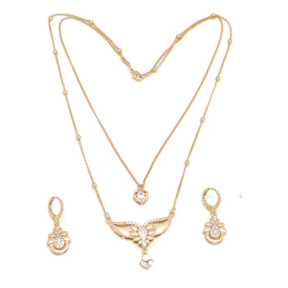 Shining Love Teardrop Double Chain Necklace and Earring Set, White, Gold Plating