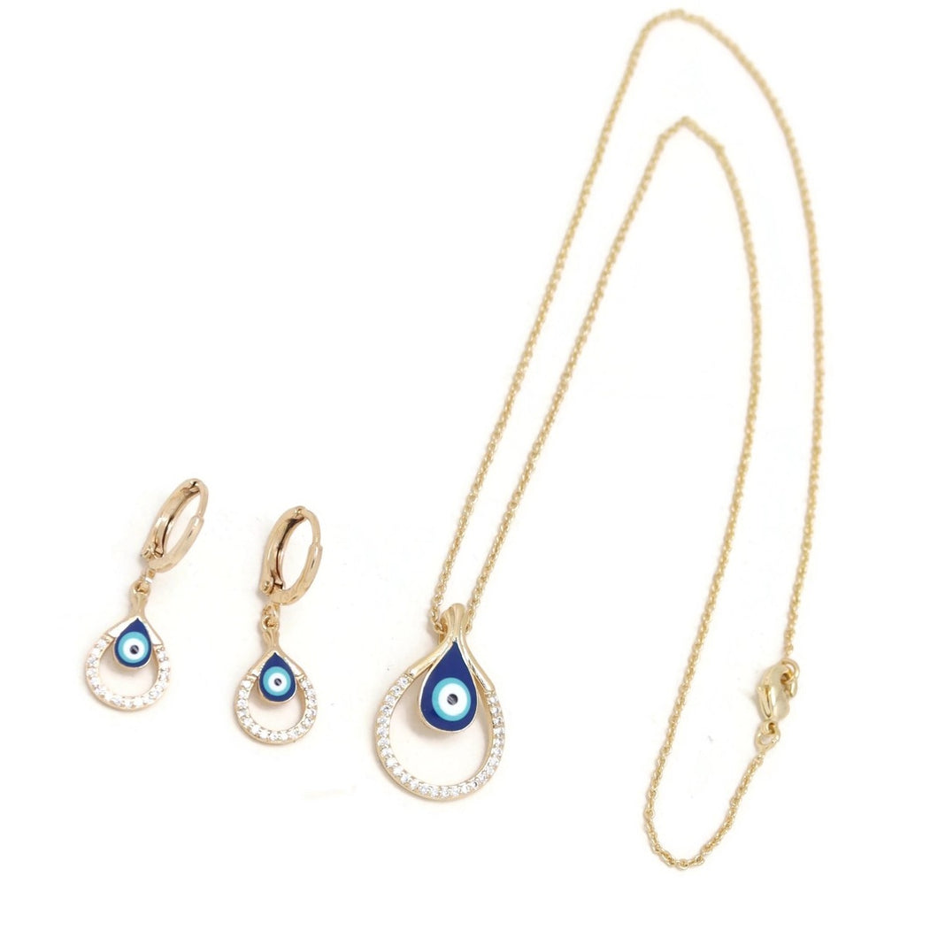 Teardrop Evil-Eye Protection Necklace & Earring Set, Blue, Gold Plating