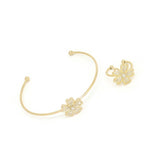Five-Petal Flower Cuff Bracelet & Ring Set, White, Gold Plating