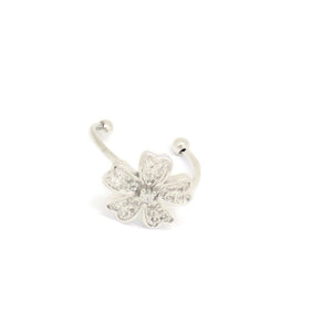 Five-Petal Flower Cuff Bracelet & Ring Set, White, Silver Plating