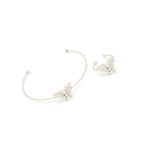 Butterfly Cuff Bracelet & Ring Set, White, Silver Plating