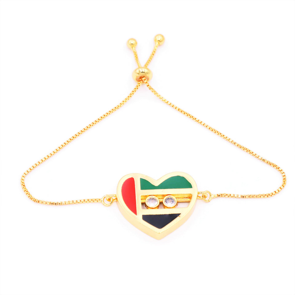 UAE NATIONAL FLAG HEART SHAPE SLIDING DIAMONDS GOLD PLATED SLIDER BRACELET