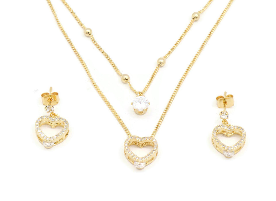 Zirconia Studded Hollow Heart Double chain Pendant necklace