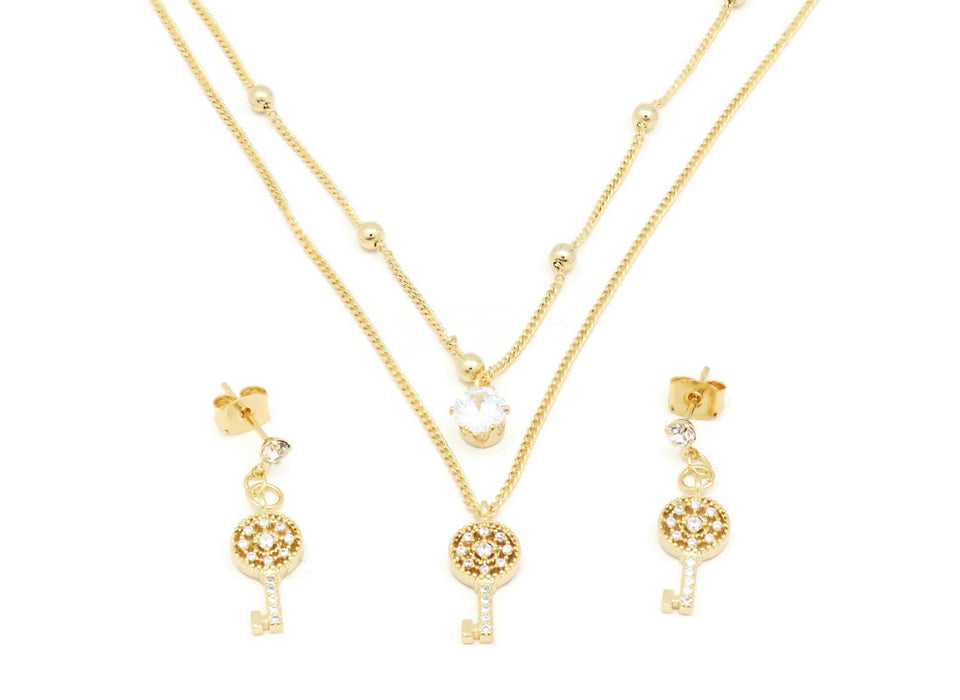 FC Beauty 18K Gold plated  double layered necklace and ring set for women with elegant cubic stones