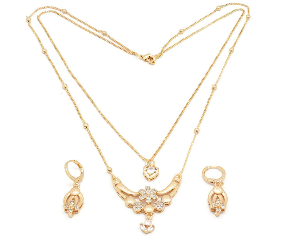 laser printed zirconia studded double chain pendant necklace set