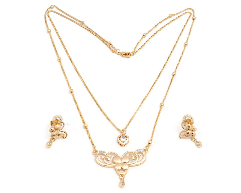 Laser printed zirconia studded double chain pendant necklace set