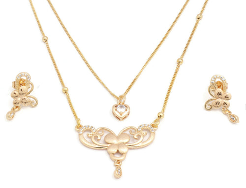 Laser printed zirconia studded double chain pendant necklace set