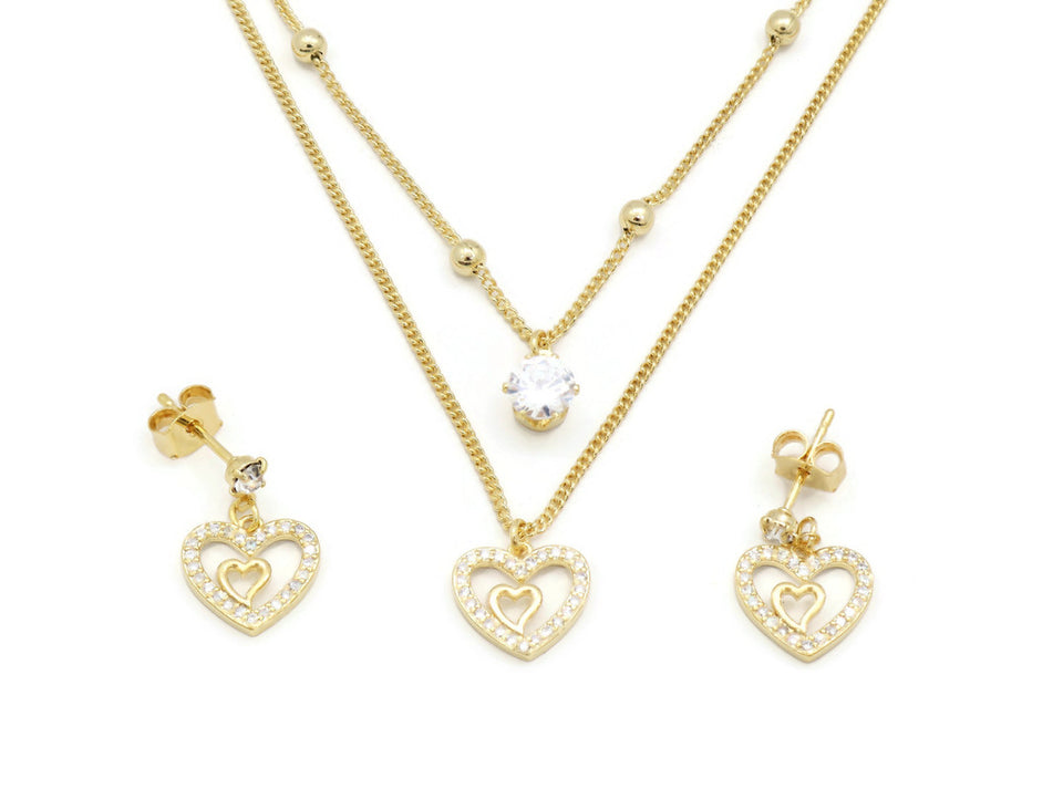 Zirconia studded heart in heart Pendant necklace with gold plating