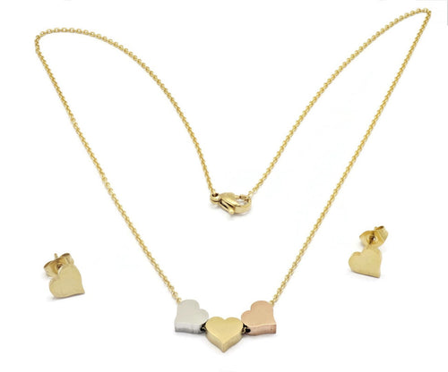 Women's Stainless Steel  Necklace with lovely heart design pendant and Ear rings, 18k Gold plated