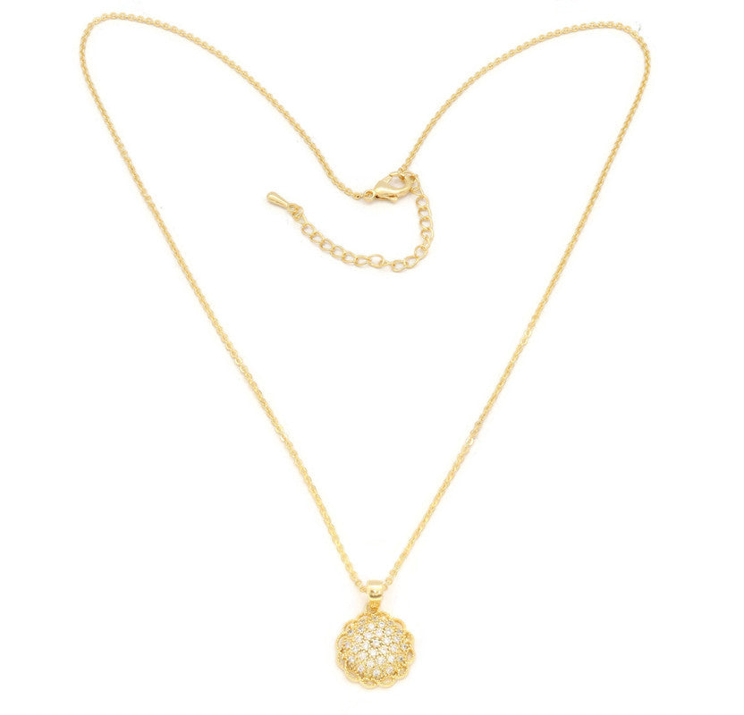 The Zircon Gold Dahlia Flower Pendant studded with zircon stones, Chain Pendant with Zircon stones.