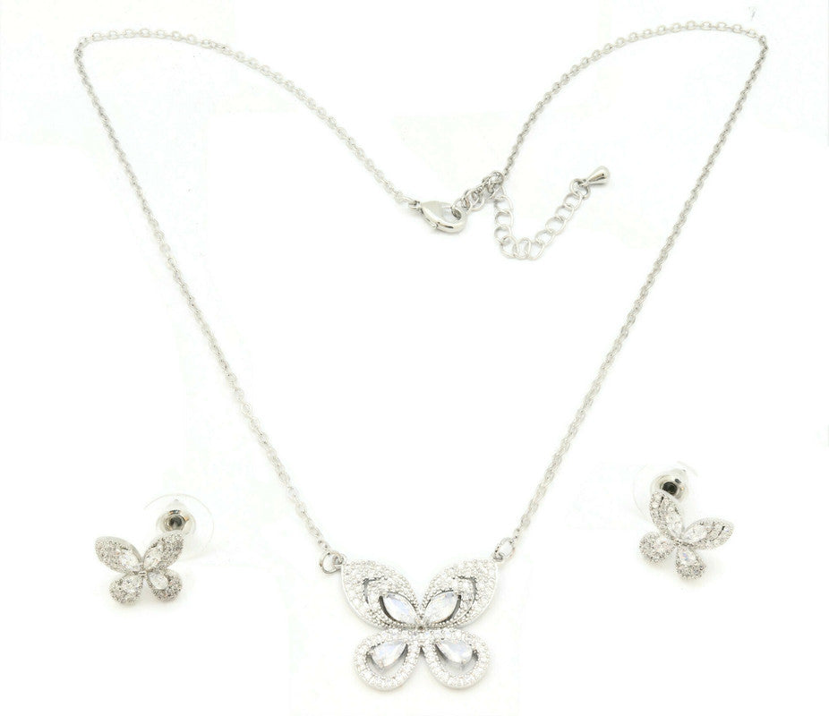 The Zircon Butterfly Pendant with Butterfly earrings with rhodium platings and adjustable chain and lobster clasps,