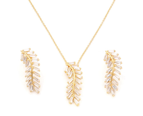 The Zirconia Studded Dangling pine leaves gold plated pendant and earrings set