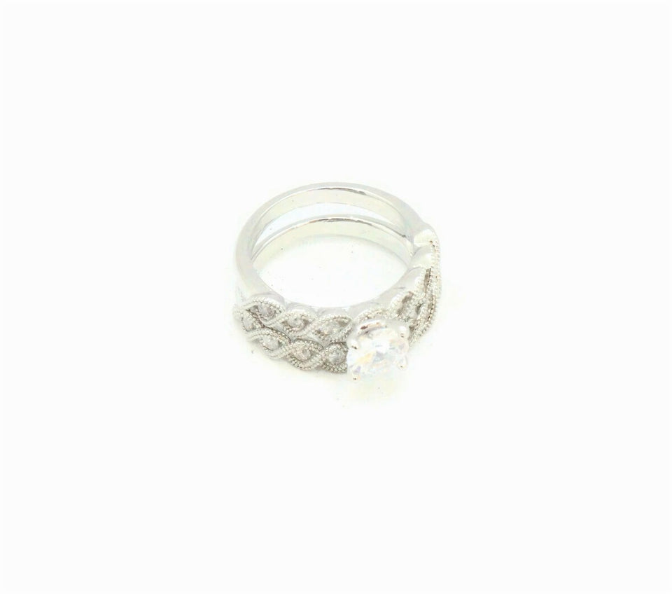 Zirconia studded braid design rhodium plated wedding ring