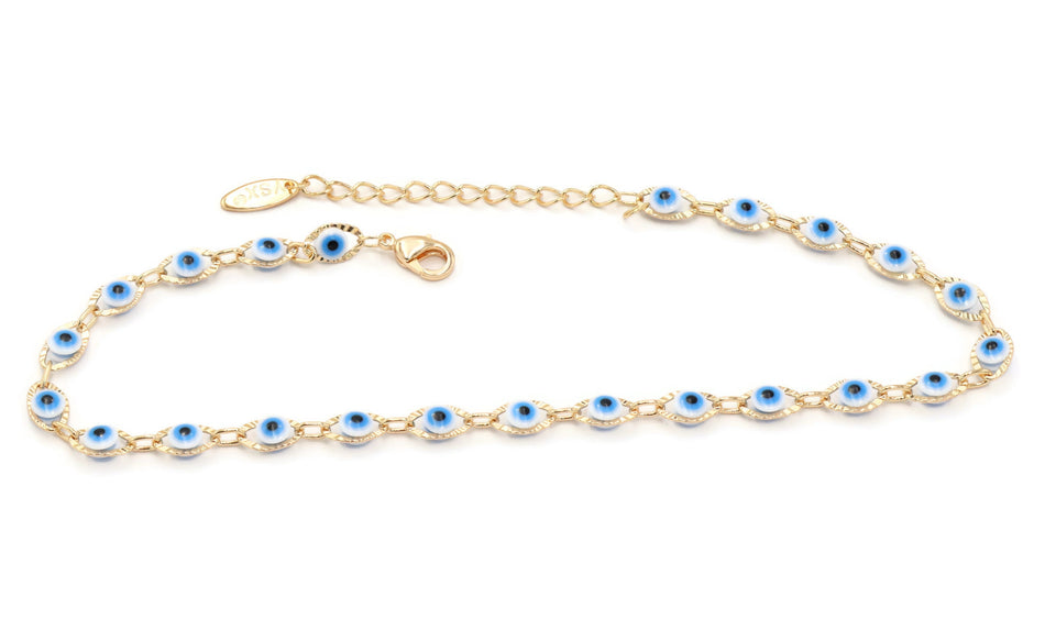 Evil-Eye Protection Bead Anklet, Blue, Gold Plating