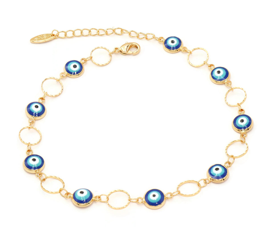 Evil-Eye Protection Bead Chain anklet , Blue, Gold Plating