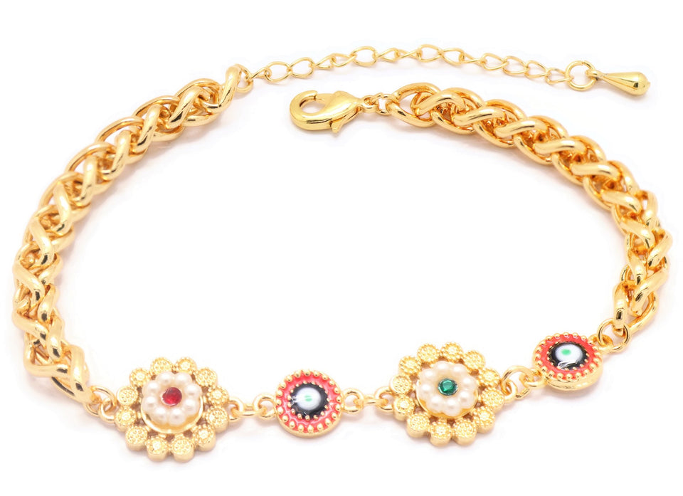 Curb link bracelet, 18kt, Evil Eye Pendant and Flower Charms