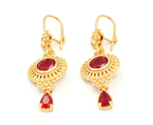 Women's Red stone studded gold coloured dangle earring.