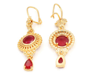 Women's Red stone studded gold coloured dangle earring.