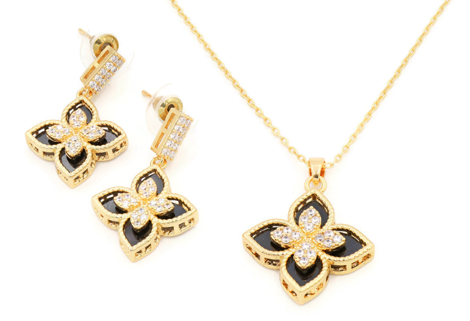 FLORAL DESIGN PENDANT NECKLACE SET BLACK